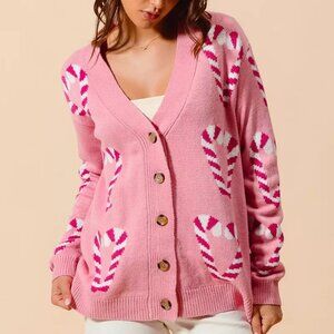 SO ME Christmas Candy Cane Button Front Sweater Cardigan